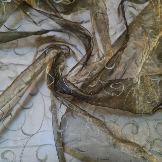 Olive Green Floral Embroidered Organza Fabric 90" Wide Sheer Dress Drape Wedding Material By Meter