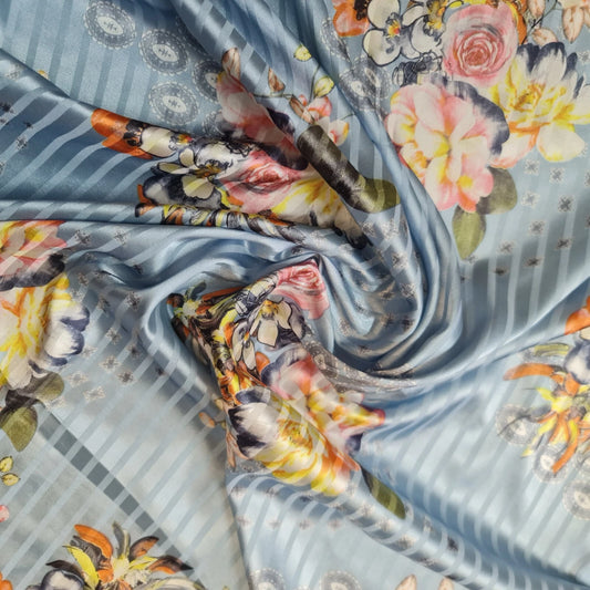 Duck Egg  Floral Satin Fabric Stripe Print Dress Craft Bridal Material 58" By Meter