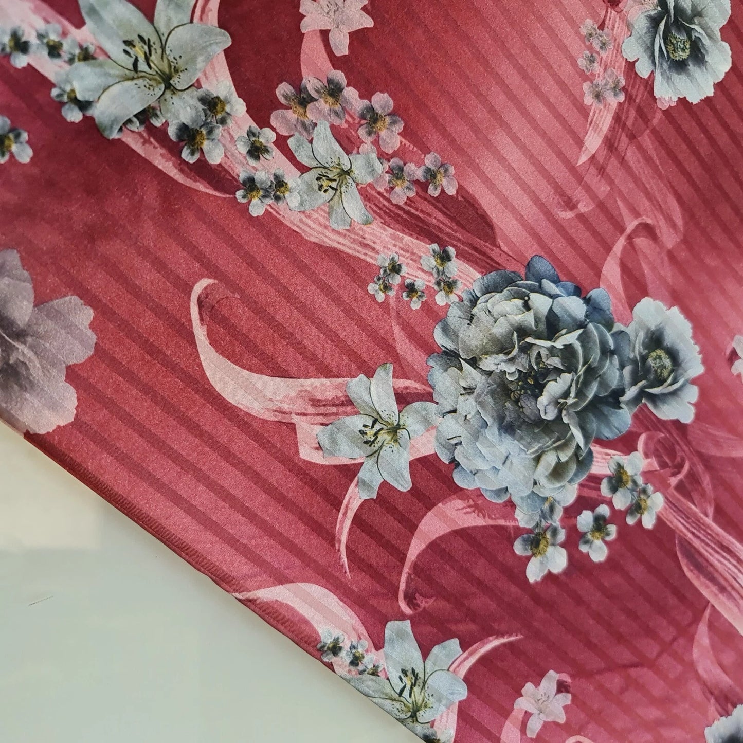 Burgundy Floral Satin Fabric Stripe Print Dress Craft Bridal Material 58" By Meter