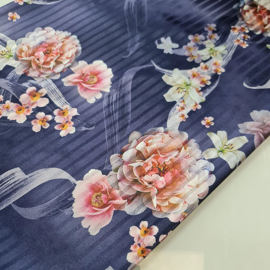 Blue Floral Satin Fabric Stripe Print Dress Craft Bridal Material 58" By Meter