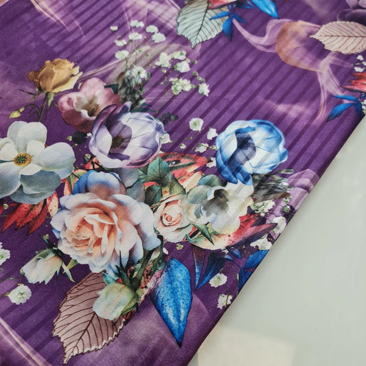 Purple Floral Satin Fabric Stripe Print Dress Craft Bridal Material 58" By Meter