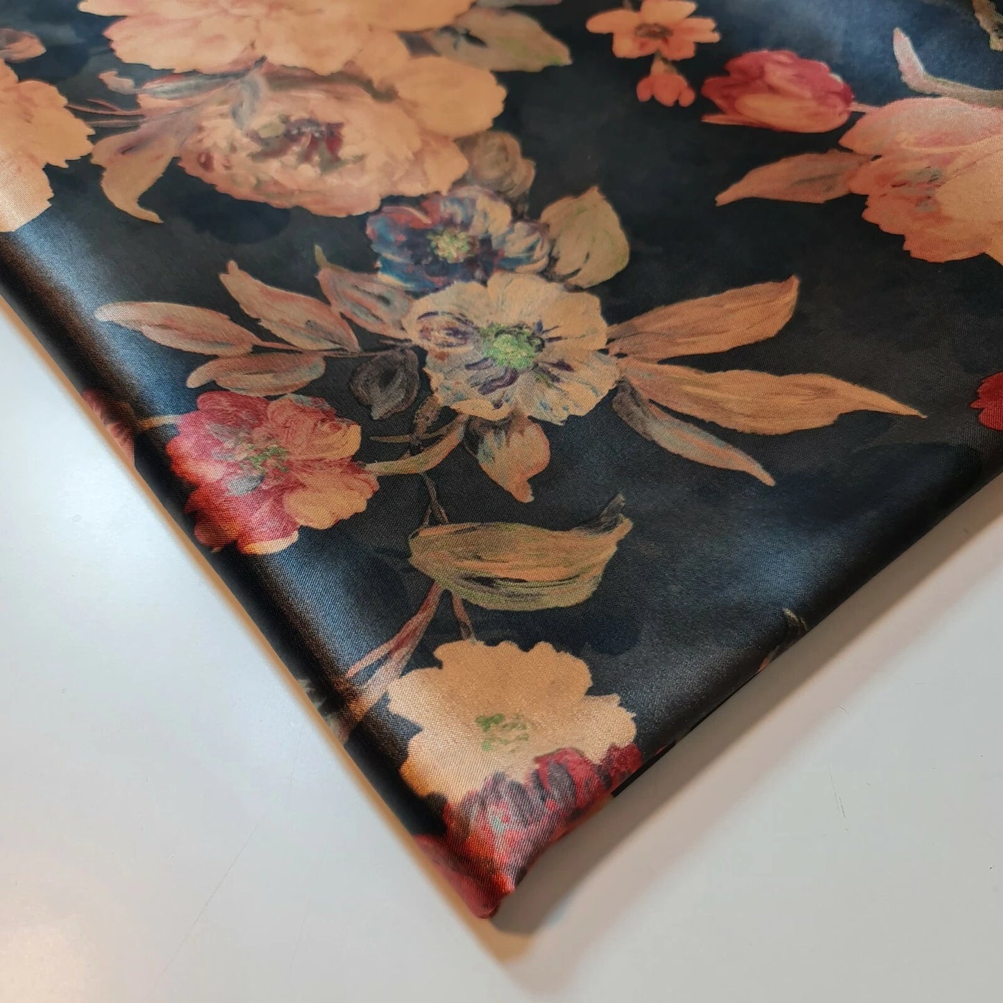Black Pink Roses Soft Floral Print Satin Dress Craft Fabric By The Meter 58"