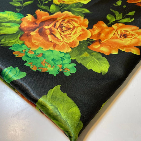 Black Roses Soft Floral Print Satin Dress Craft Fabric By The Meter 58"