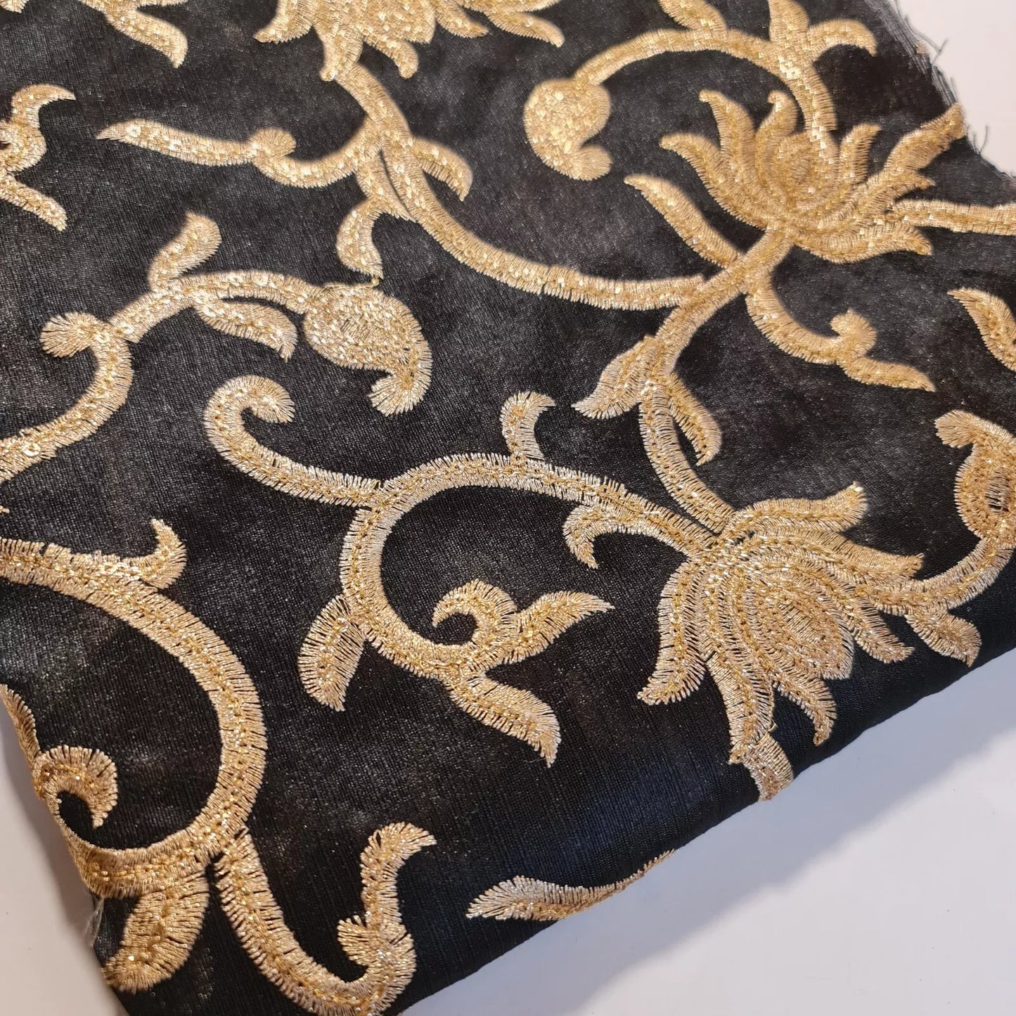 Luxury Faux Raw Silk Fabric with Gold Floral Embroidery – 44” Wide – Dress, Décor & Craft Material (By the Meter)