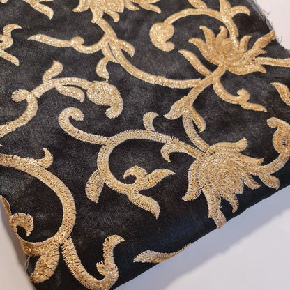Luxury Faux Raw Silk Fabric with Gold Floral Embroidery – 44” Wide – Dress, Décor & Craft Material (By the Meter)