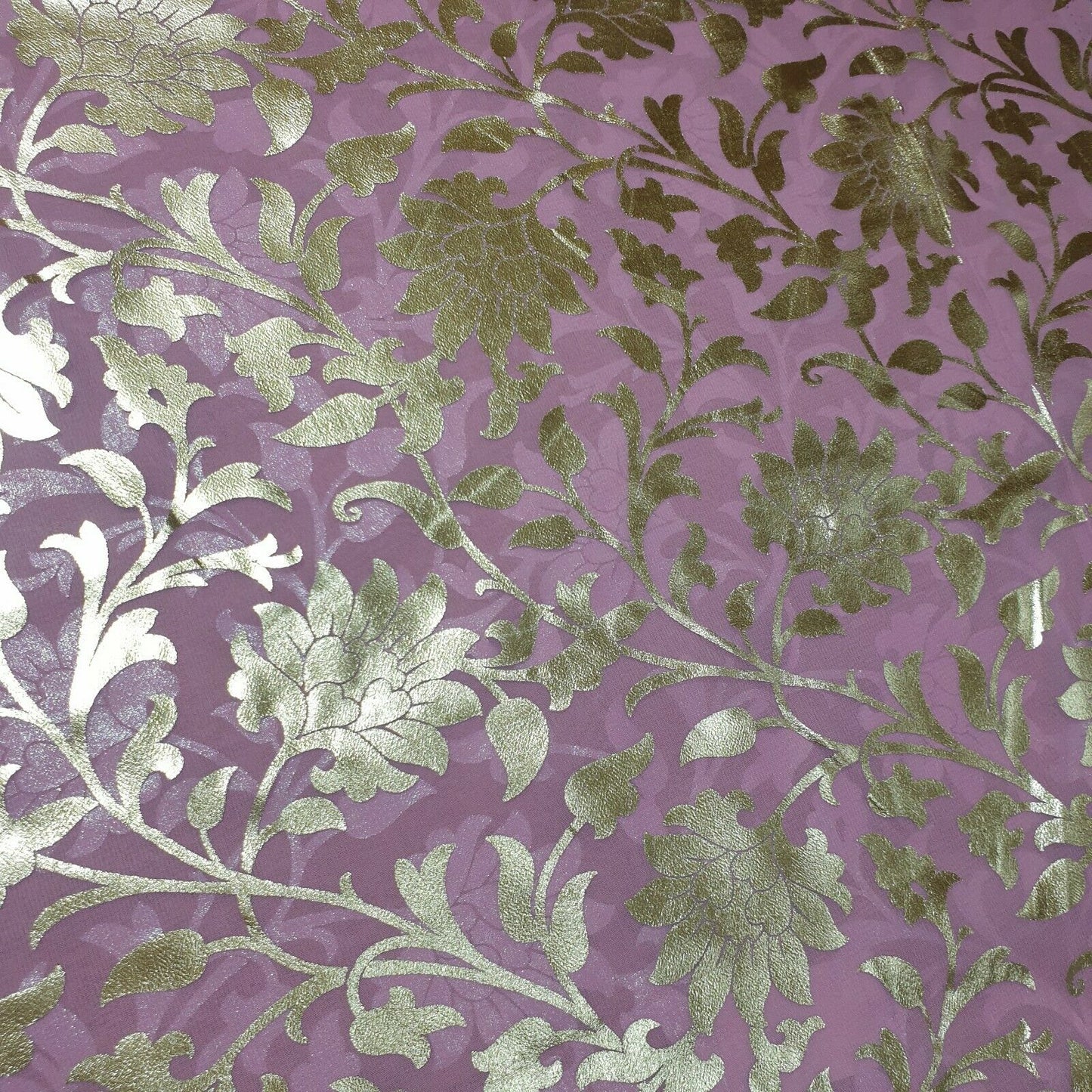Pink Floral Gold Foil Print Sheer Moss Crepe Dress Craft Drape Fabric Material 44" By The Meter