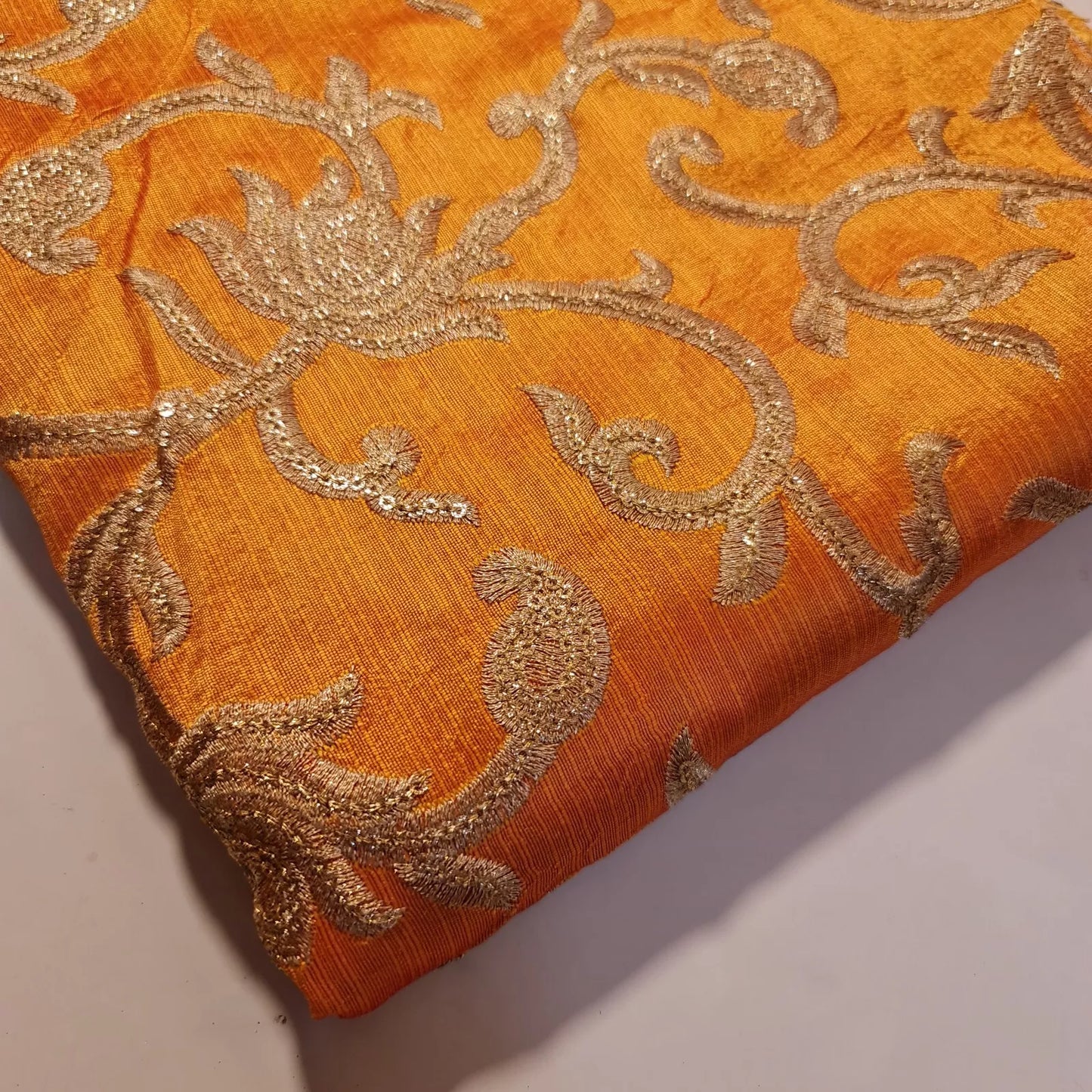 Luxury Faux Raw Silk Fabric with Gold Floral Embroidery – 44” Wide – Dress, Décor & Craft Material (By the Meter)