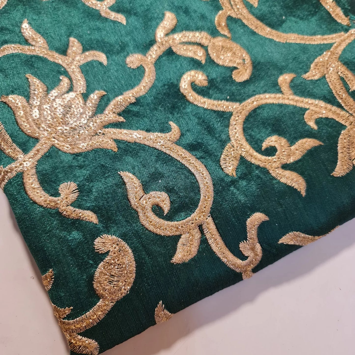 Luxury Faux Raw Silk Fabric with Gold Floral Embroidery – 44” Wide – Dress, Décor & Craft Material (By the Meter)