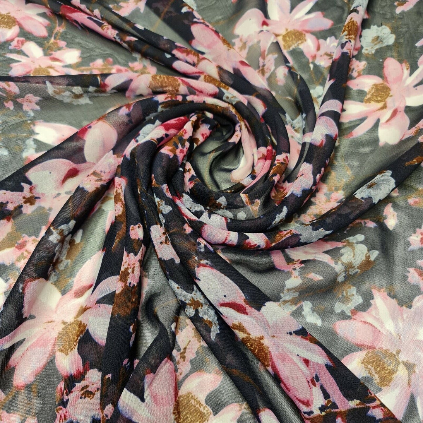 Black Floral Chiffon Sheer Material Dress Craft Decor Fabric 44" By The Meter