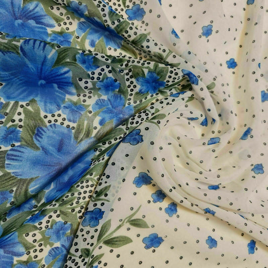 White Blue Floral Chiffon Sheer Material Dress Craft Decor Fabric 44" By The Meter