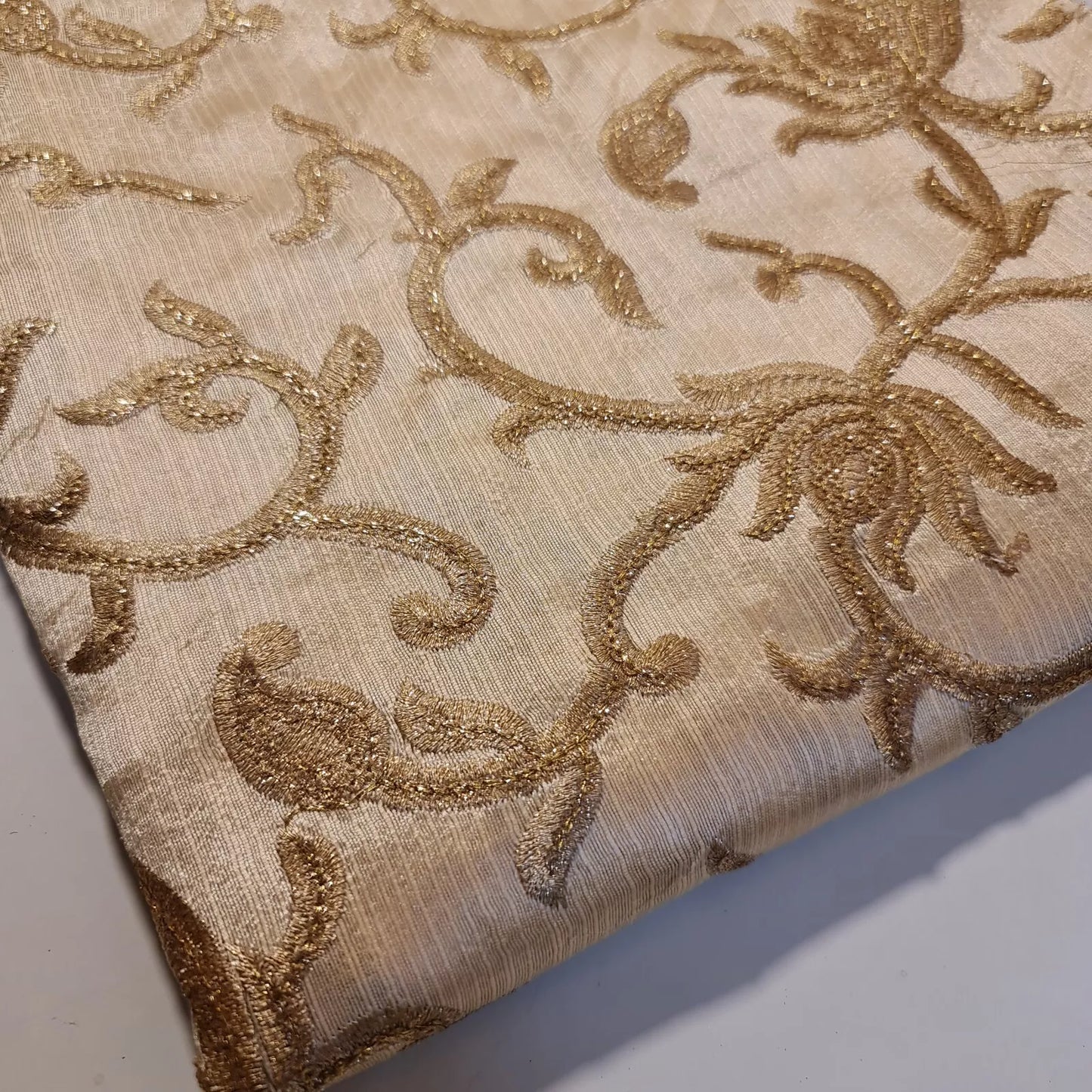 Luxury Faux Raw Silk Fabric with Gold Floral Embroidery – 44” Wide – Dress, Décor & Craft Material (By the Meter)