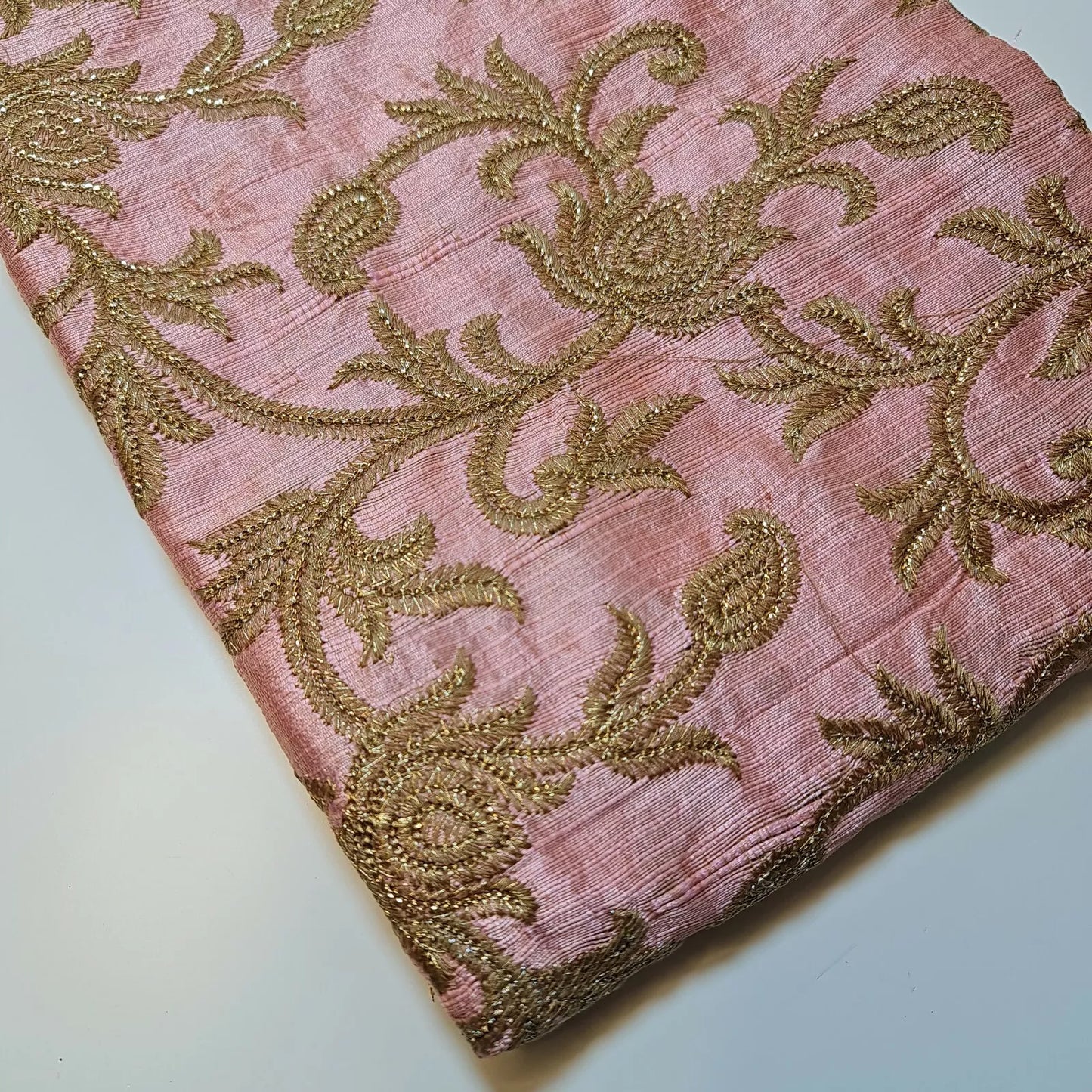 Luxury Faux Raw Silk Fabric with Gold Floral Embroidery – 44” Wide – Dress, Décor & Craft Material (By the Meter)