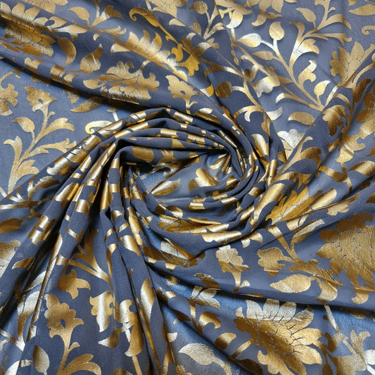 Grey Floral Gold Foil Print Sheer Moss Crepe Dress Craft Drape Fabric Material 44" By The Meter