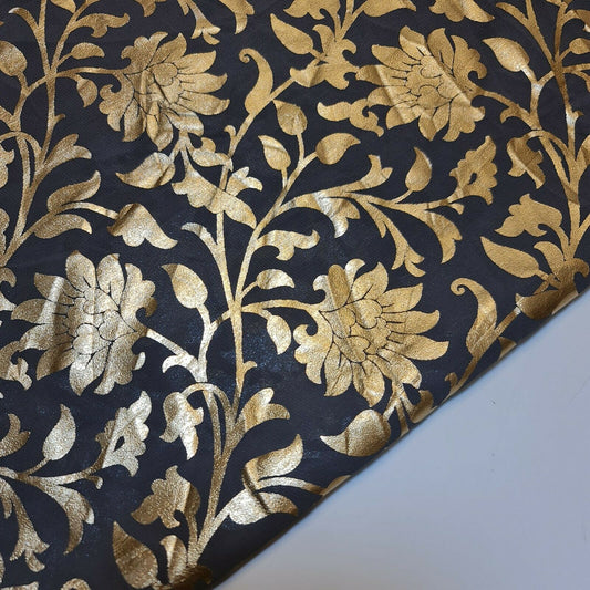 Grey Floral Gold Foil Print Sheer Moss Crepe Dress Craft Drape Fabric Material 44" By The Meter