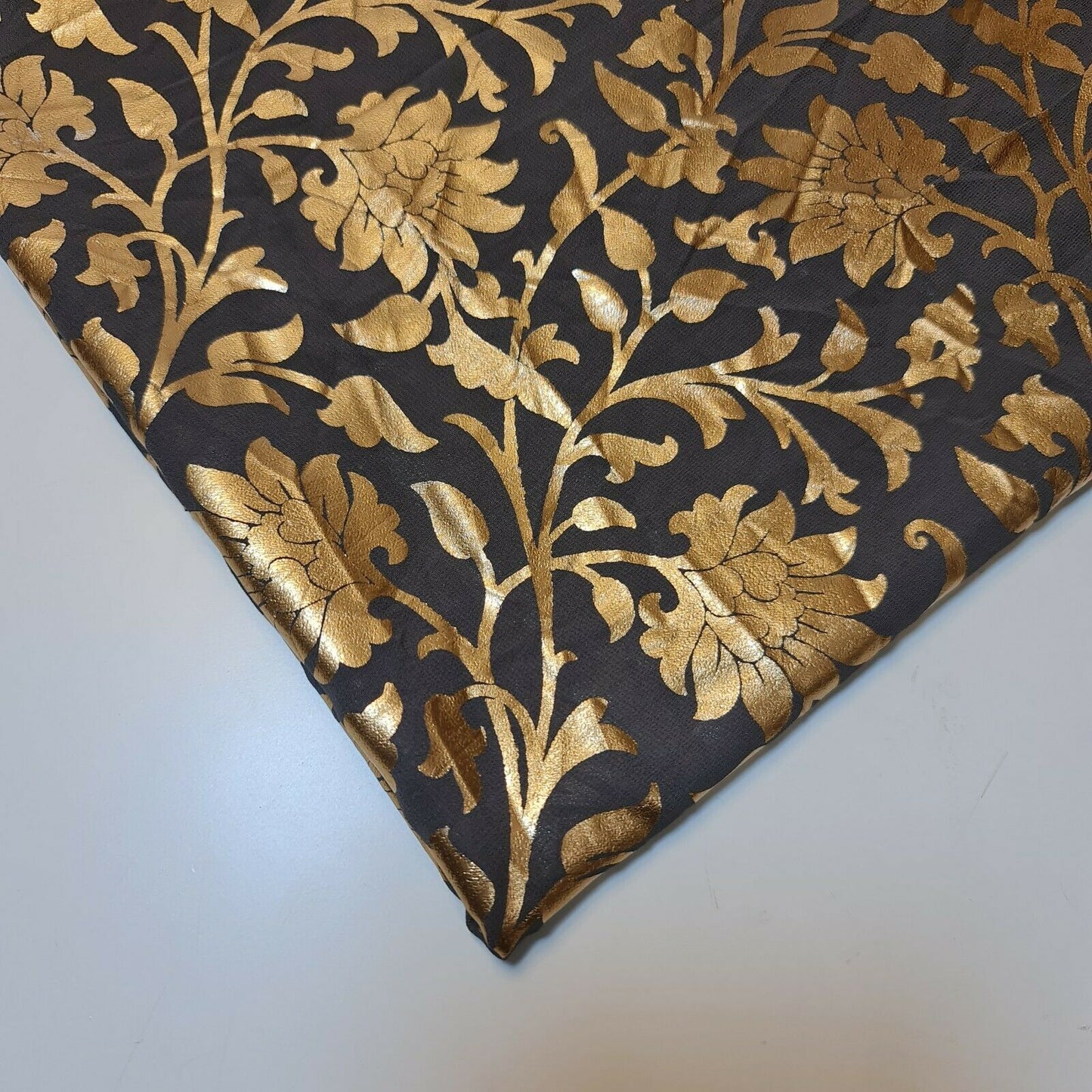 Grey Floral Gold Foil Print Sheer Moss Crepe Dress Craft Drape Fabric Material 44" By The Meter