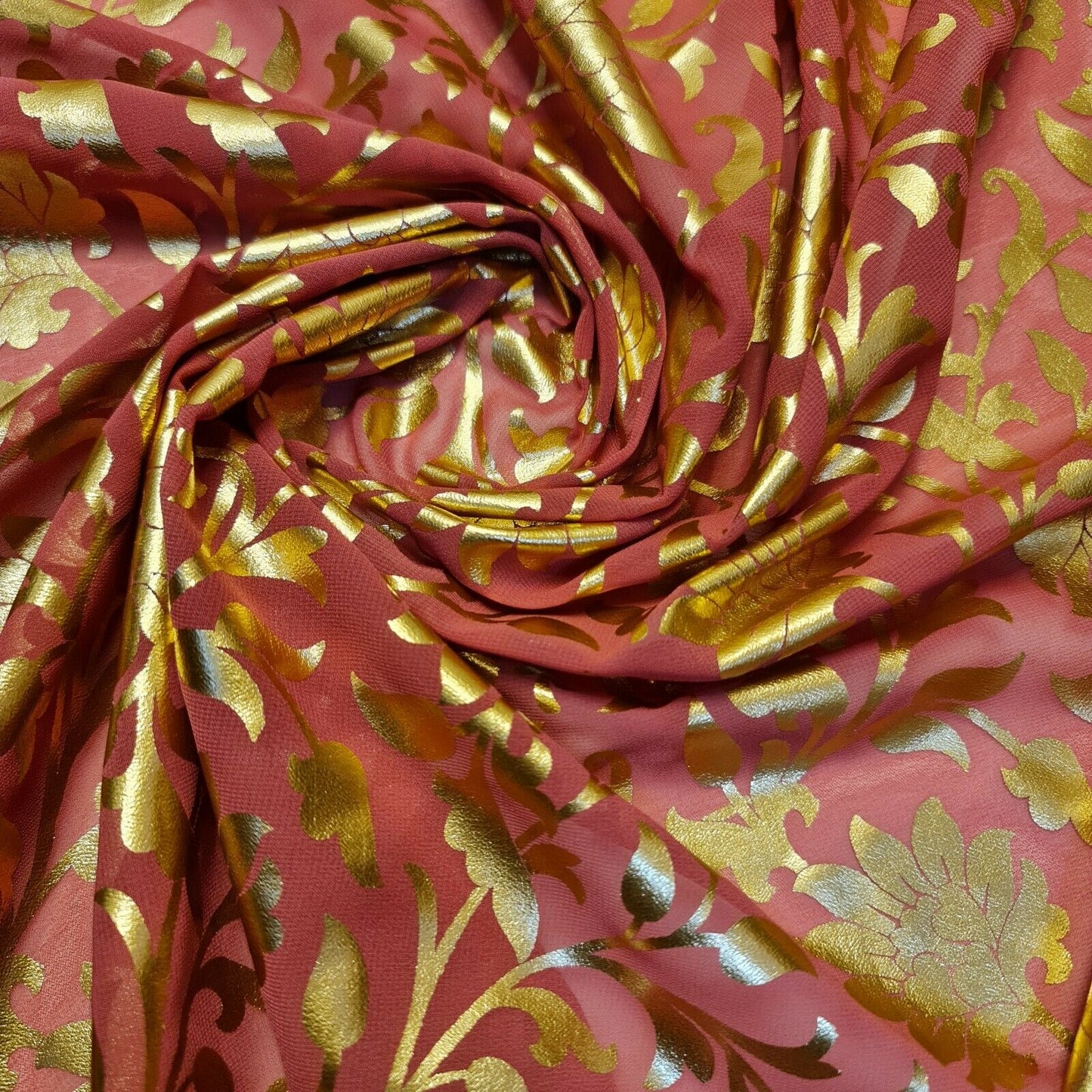 Coral Floral Gold Foil Print Sheer Moss Crepe Dress Craft Drape Fabric Material 44" By The Meter