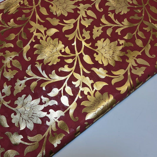 Coral Floral Gold Foil Print Sheer Moss Crepe Dress Craft Drape Fabric Material 44" By The Meter