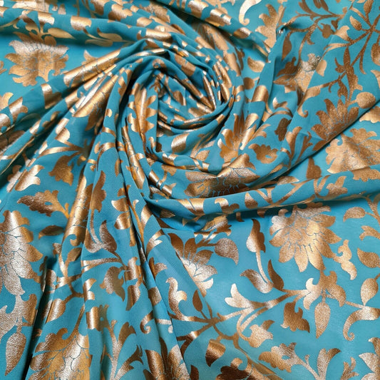 Turquoise Floral Gold Foil Print Sheer Moss Crepe Dress Craft Drape Fabric Material 44" By The Meter