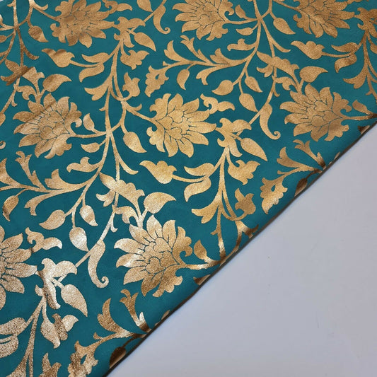 Turquoise Floral Gold Foil Print Sheer Moss Crepe Dress Craft Drape Fabric Material 44" By The Meter