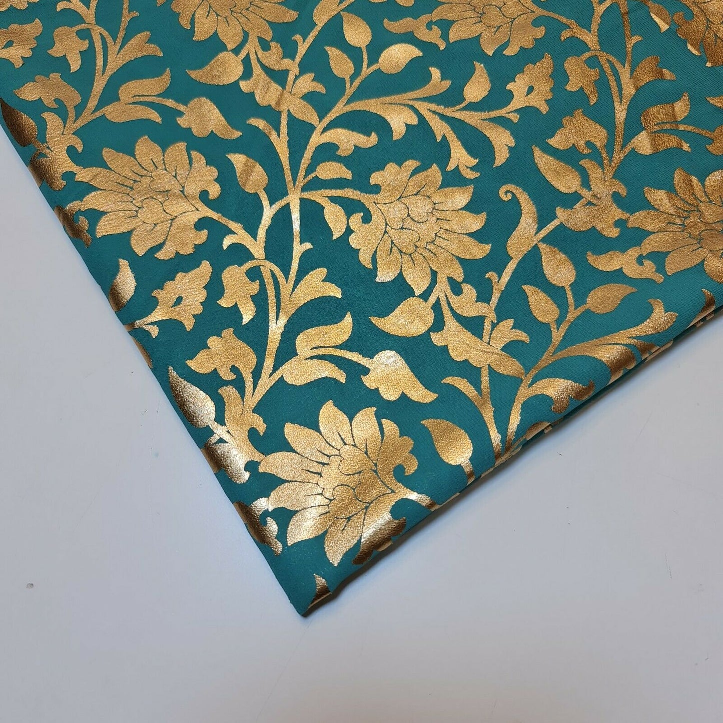 Turquoise  Floral Gold Foil Print Sheer Moss Crepe Dress Craft Drape Fabric Material 44" By The Meter