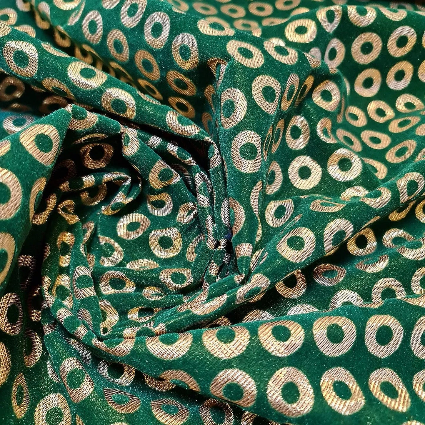 Bottle Green Gold Glitter Foil Lame Material Emboss Velvet Circle Flock Décor Craft Dress Fabric 44" Pre-cut 1 Meter