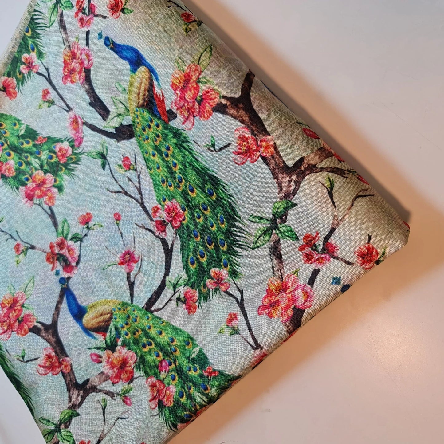 Peacock on Trees Polyester Raw Silk Material Dress Craft Quilting Fabric 44" By The Meter