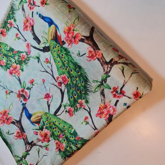 Peacock on Trees Polyester Raw Silk Material Dress Craft Quilting Fabric 44" By The Meter