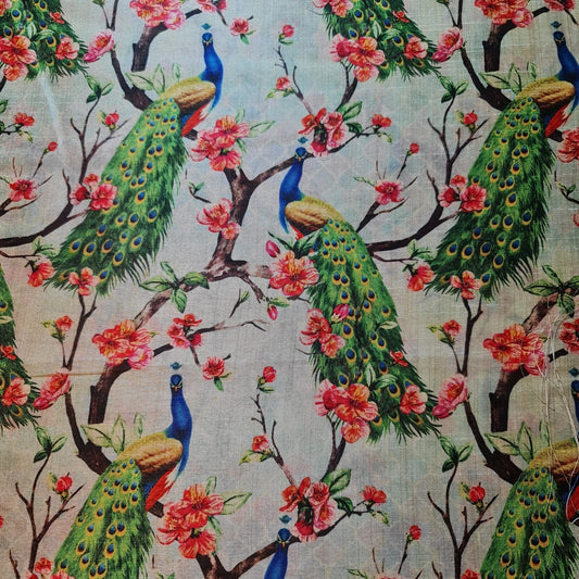 Peacock on Trees Polyester Raw Silk Material Dress Craft Quilting Fabric 44" By The Meter