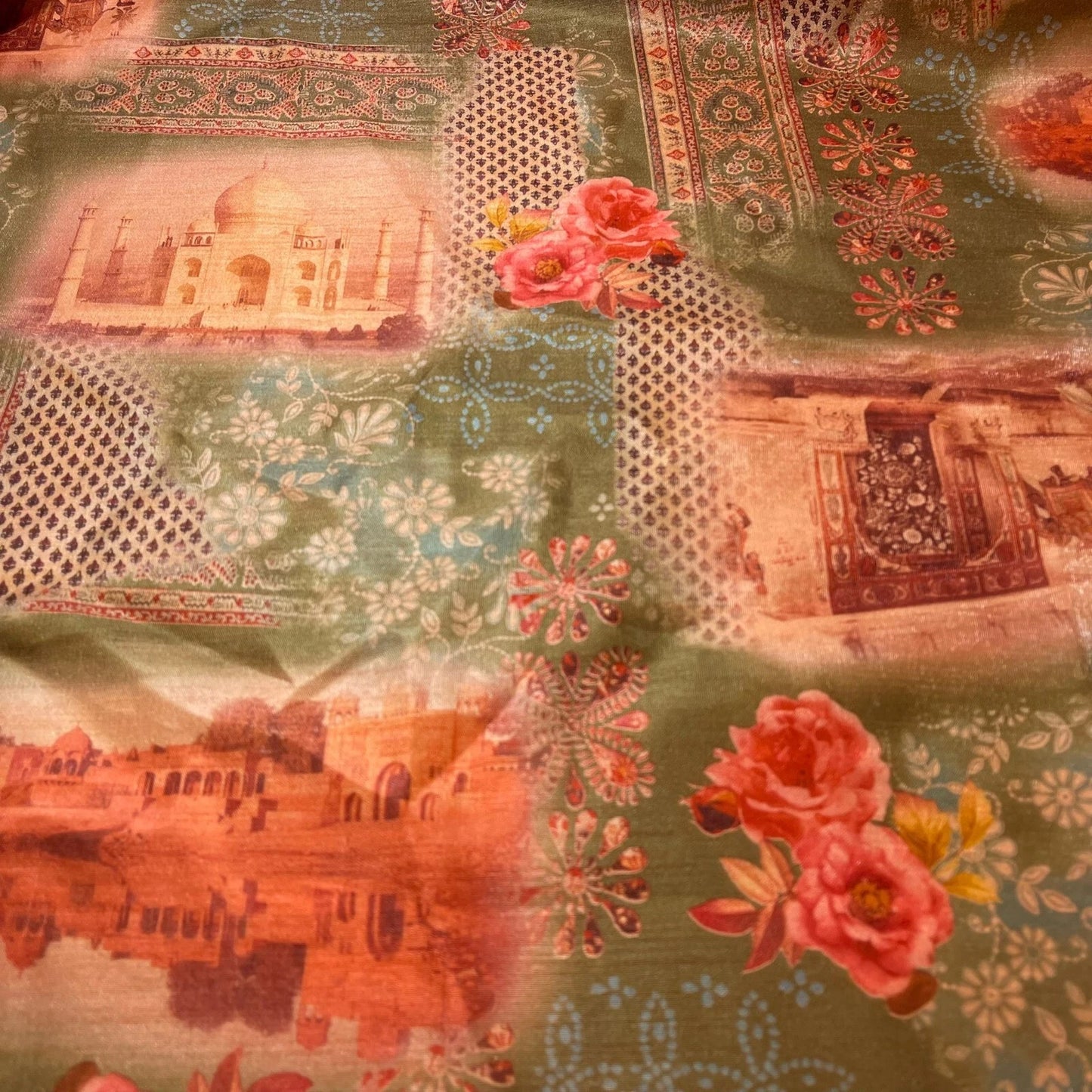 Peach Taj Mahal Floral Polyester Raw Silk Material Dress Craft Quilting Fabric 44" By The Meter