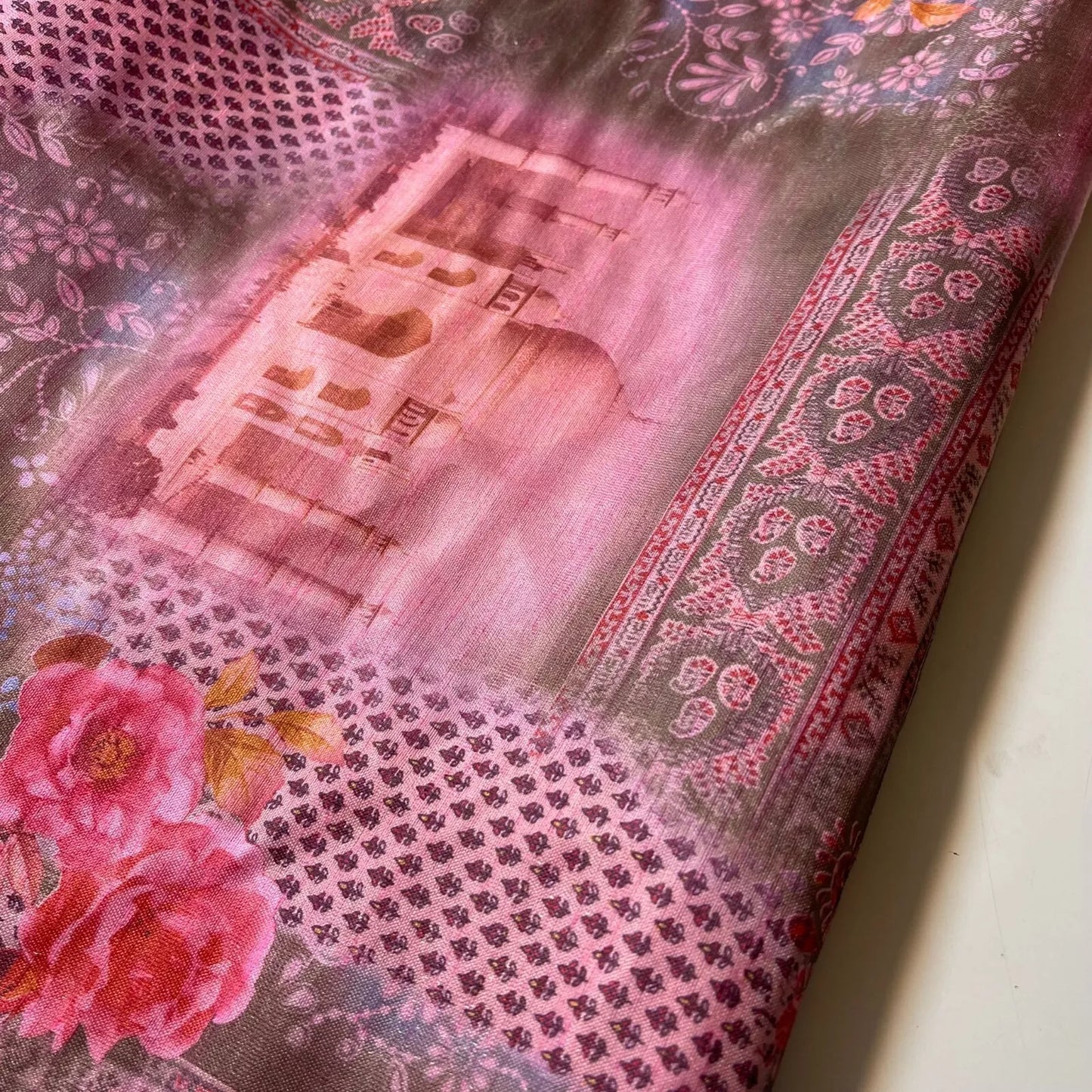 Pink Taj Mahal Floral Polyester Raw Silk Material Dress Craft Quilting Fabric 44" By The Meter