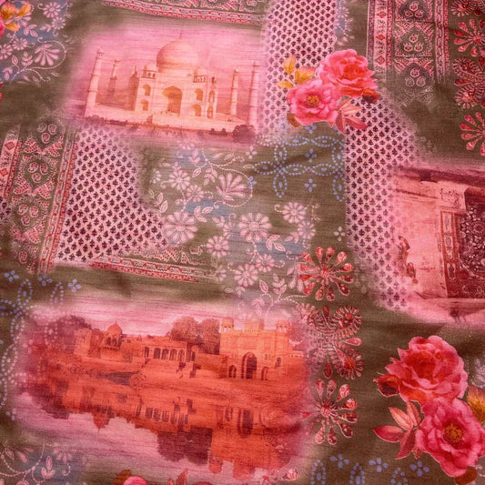 Pink Taj Mahal Floral Polyester Raw Silk Material Dress Craft Quilting Fabric 44" By The Meter