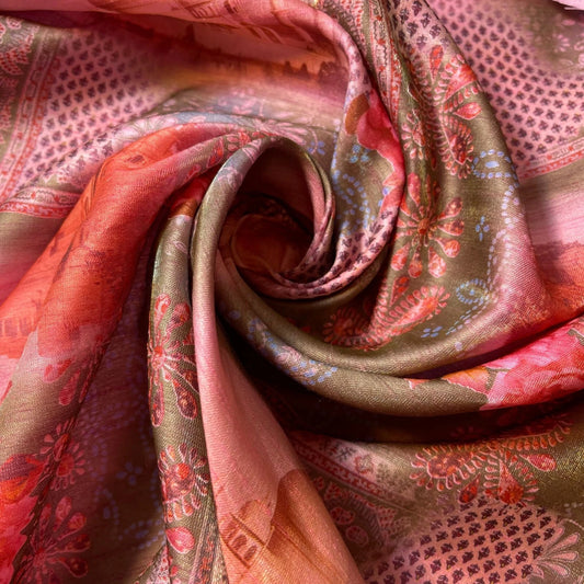 Pink Taj Mahal Floral Polyester Raw Silk Material Dress Craft Quilting Fabric 44" By The Meter