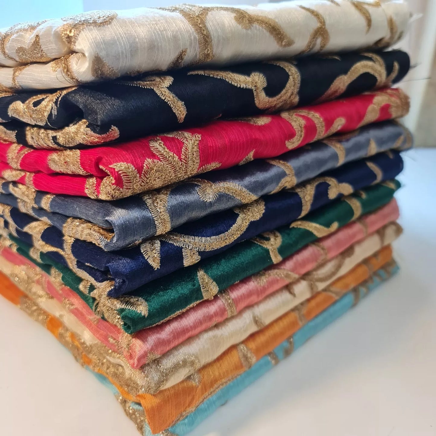 Luxury Faux Raw Silk Fabric with Gold Floral Embroidery – 44” Wide – Dress, Décor & Craft Material (By the Meter)
