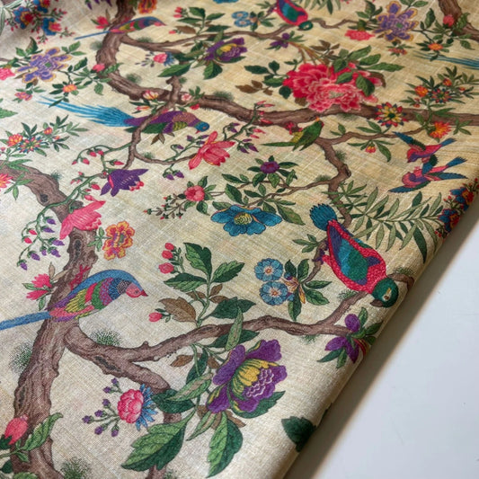 Birds on Trees Polyester Raw Silk Material Dress Craft Quilting Fabric 44" By The Meter