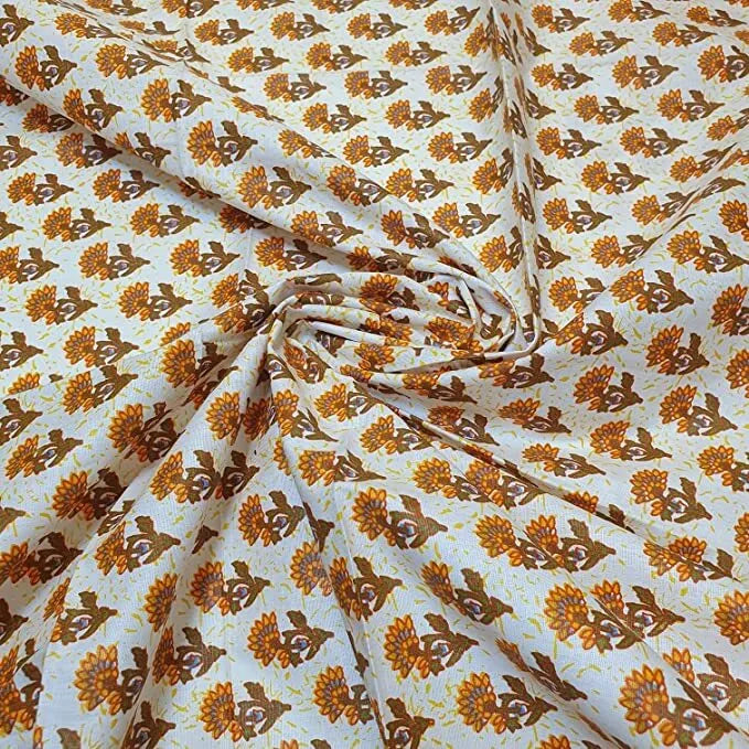 Orange Flower 100% Cotton Baby Ivory Leopard Ditsy Floral Dress Craft Material (20 Meter Roll)