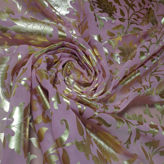 Pink Floral Gold Foil Print Sheer Moss Crepe Dress Craft Drape Fabric Material 44" By The Meter