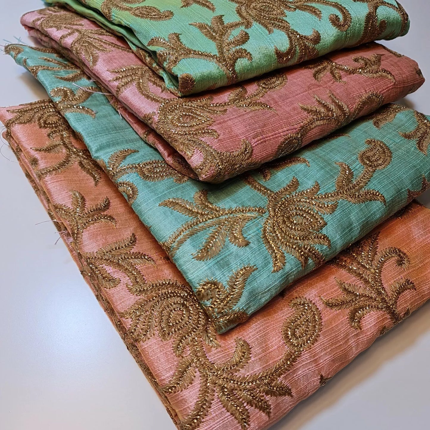 Luxury Faux Raw Silk Fabric with Gold Floral Embroidery – 44” Wide – Dress, Décor & Craft Material (By the Meter)