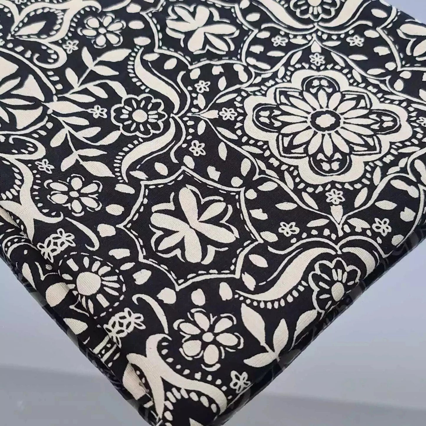 Midnight Tile Floral Viscose Challis Fabric – Black & Ivory Boho Dress Fabric, Soft Drapey Material | 58” Wide by the Meter