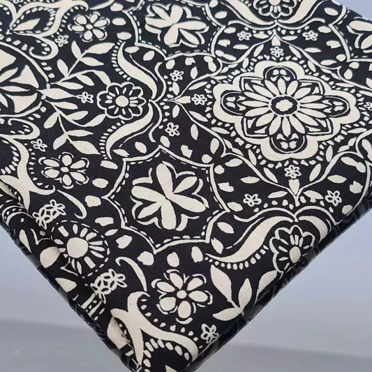 Midnight Tile Floral Viscose Challis Fabric – Black & Ivory Boho Dress Fabric, Soft Drapey Material | 58” Wide by the Meter