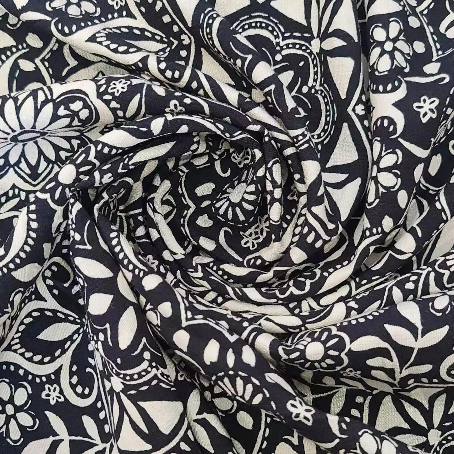 Midnight Tile Floral Viscose Challis Fabric – Black & Ivory Boho Dress Fabric, Soft Drapey Material | 58” Wide by the Meter