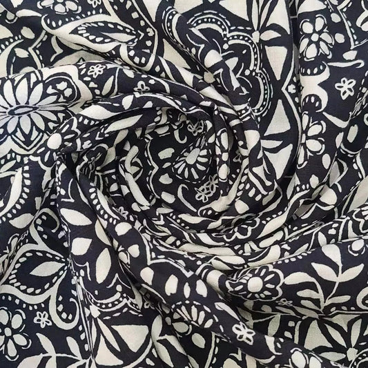 Midnight Tile Floral Viscose Challis Fabric – Black & Ivory Boho Dress Fabric, Soft Drapey Material | 58” Wide by the Meter