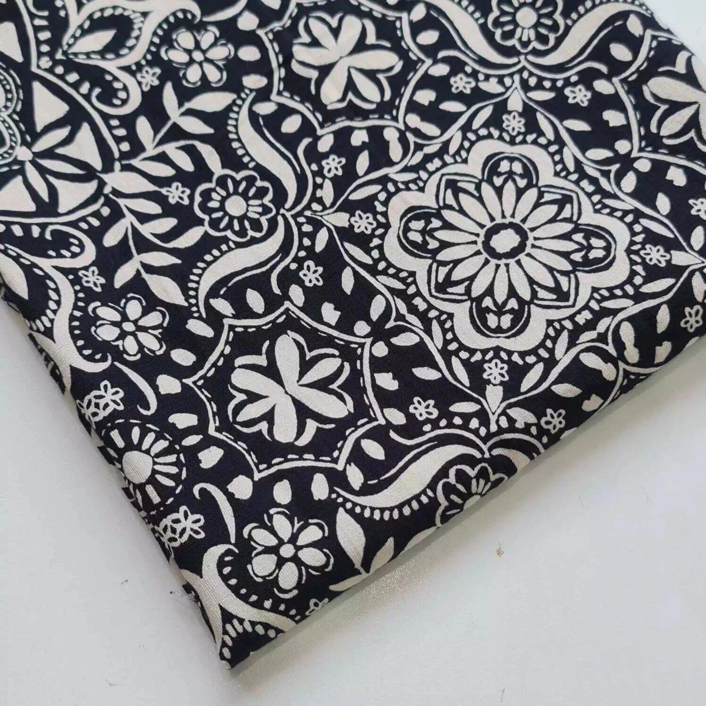 Midnight Tile Floral Viscose Challis Fabric – Black & Ivory Boho Dress Fabric, Soft Drapey Material | 58” Wide by the Meter