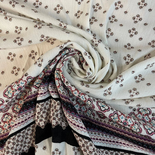 Boho Border Panel Crinkle Viscose Fabric – Ivory Floral Geometric Repeating Panel Dress Fabric | 58” Wide by the Meter