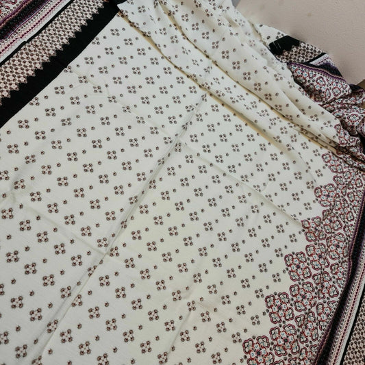 Boho Border Panel Crinkle Viscose Fabric – Ivory Floral Geometric Repeating Panel Dress Fabric | 58” Wide by the Meter