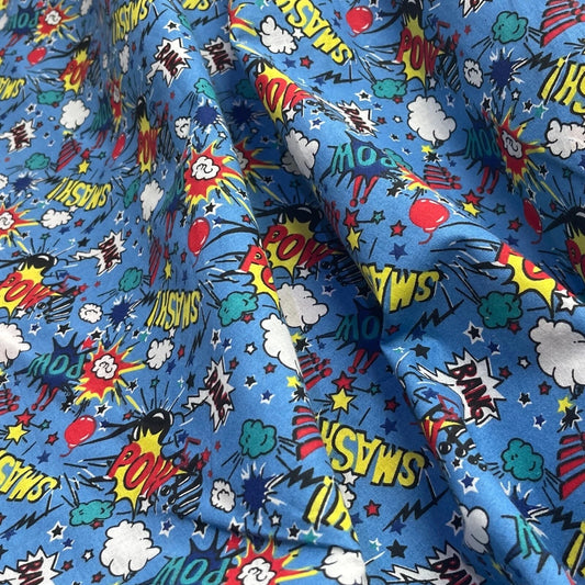 Clearance Sale Comic Book Pop Art Fabric – Blue POW BAM SMASH Print Cotton – Craft Dress Quilting Material