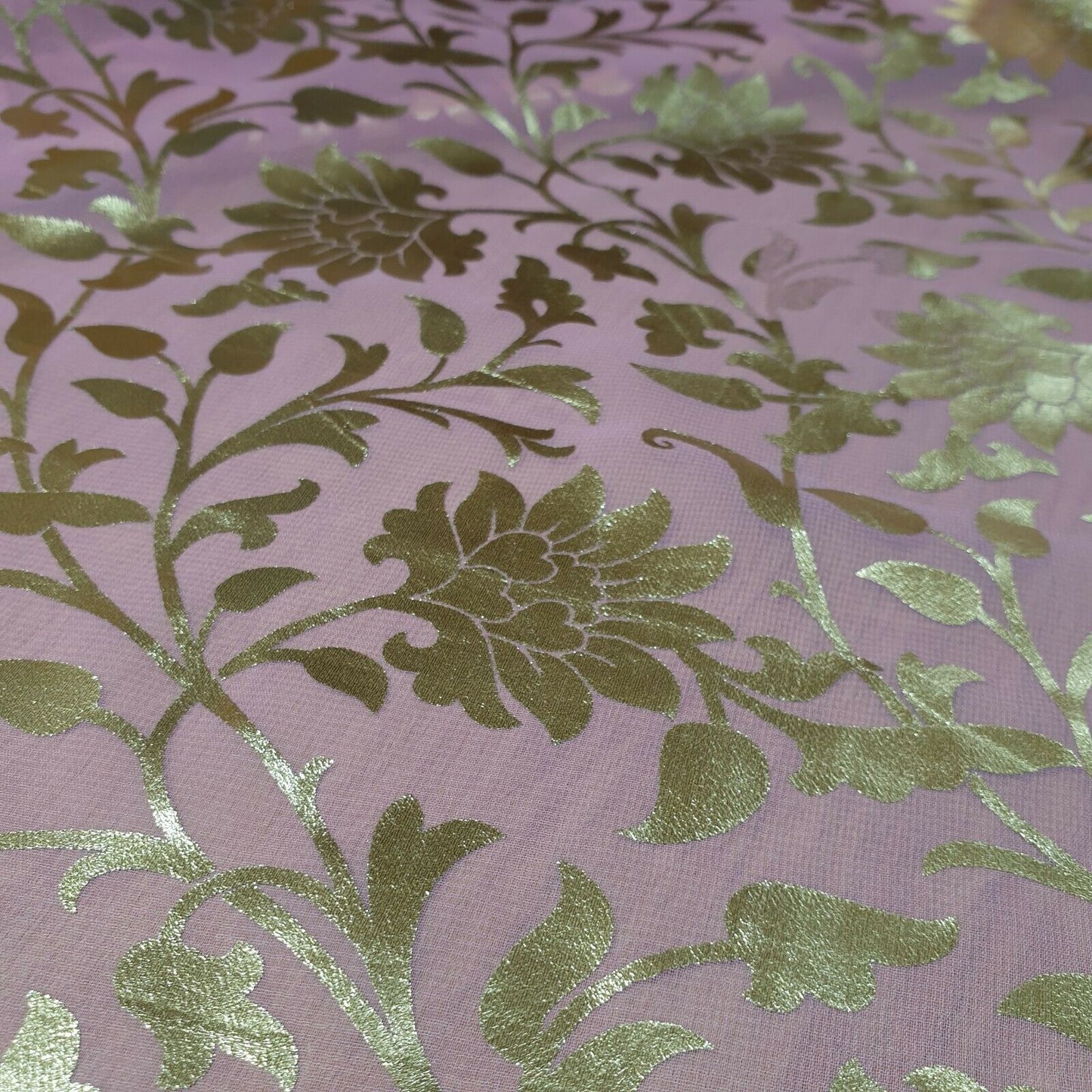 Pink Floral Gold Foil Print Sheer Moss Crepe Dress Craft Drape Fabric Material 44" By The Meter
