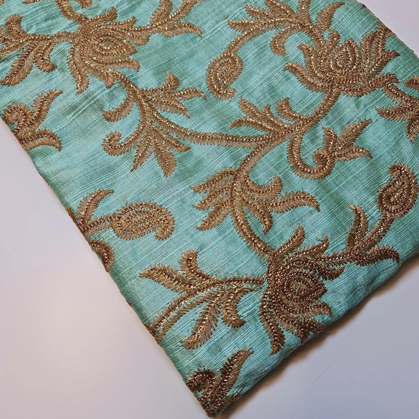 Luxury Faux Raw Silk Fabric with Gold Floral Embroidery – 44” Wide – Dress, Décor & Craft Material (By the Meter)