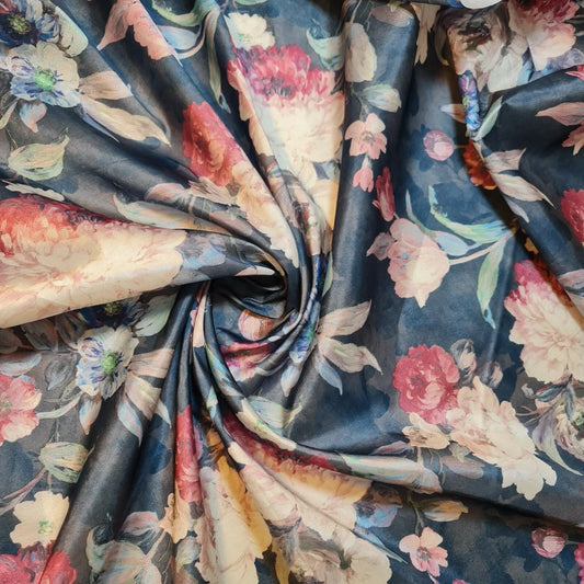 Teal Floral Printed Taffeta Fabric 58" Dress Bridal Craft Material By The Meter