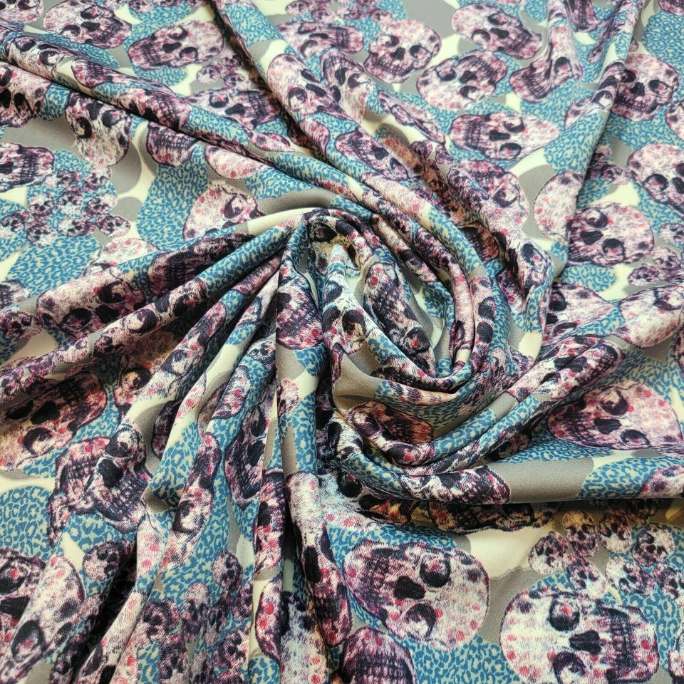 Purple Skull Print Satin Fabric 58" Wide | Gothic Halloween Dress, Costume & Craft Material By The Meter