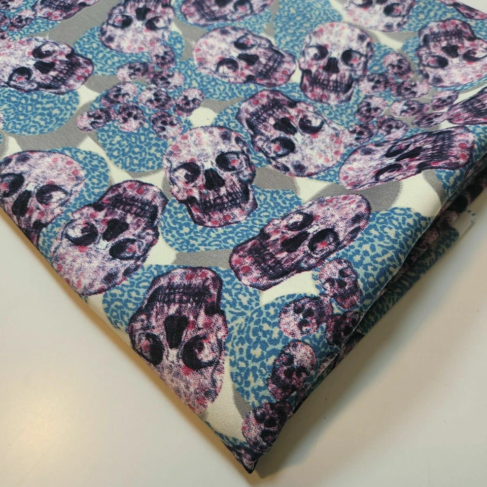 Purple Skull Print Satin Fabric 58" Wide | Gothic Halloween Dress, Costume & Craft Material By The Meter